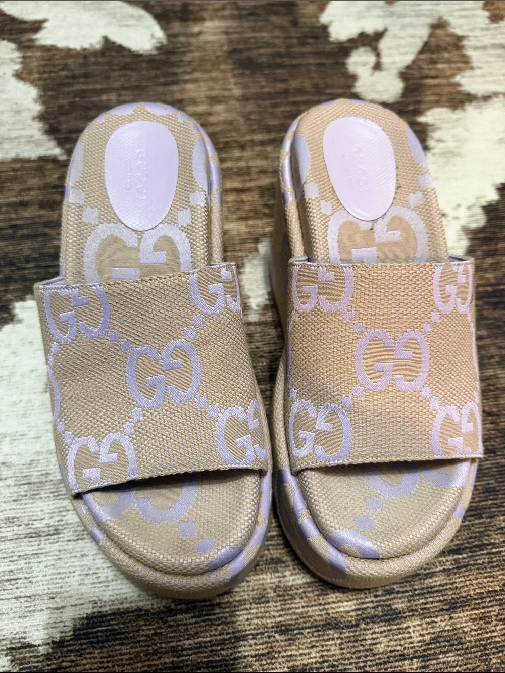 Gucci Authentic Monogram Jumbo GG Logo Platform Slides in Beige/Lapis